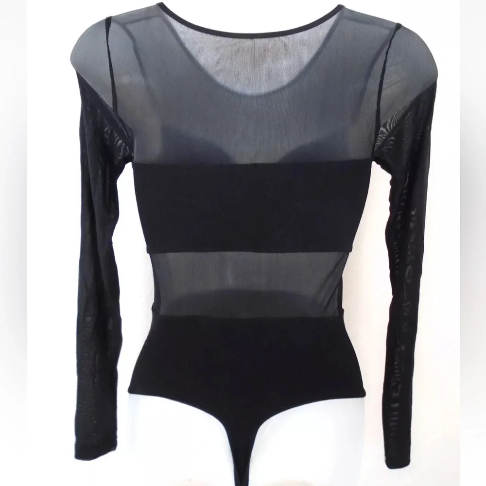 Vintage 90s bebe sz P/P P/S Petite Black Sexy Sheer See Through Bodysuit Unitard - Picture 3 of 4